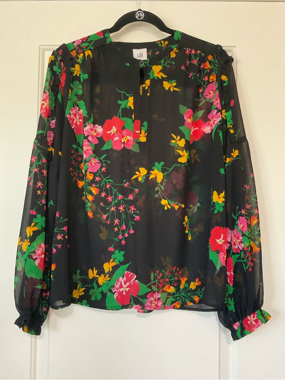 CAbi Black Sheer Floral Blouse with Pink & Yellow Blooms